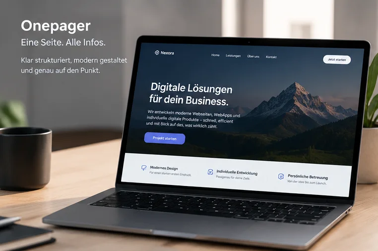KI-generiertes Beispielbild: Laptop zeigt einen klar strukturierten Onepager mit Navigation, Hero-Bereich und Feature-Icons.