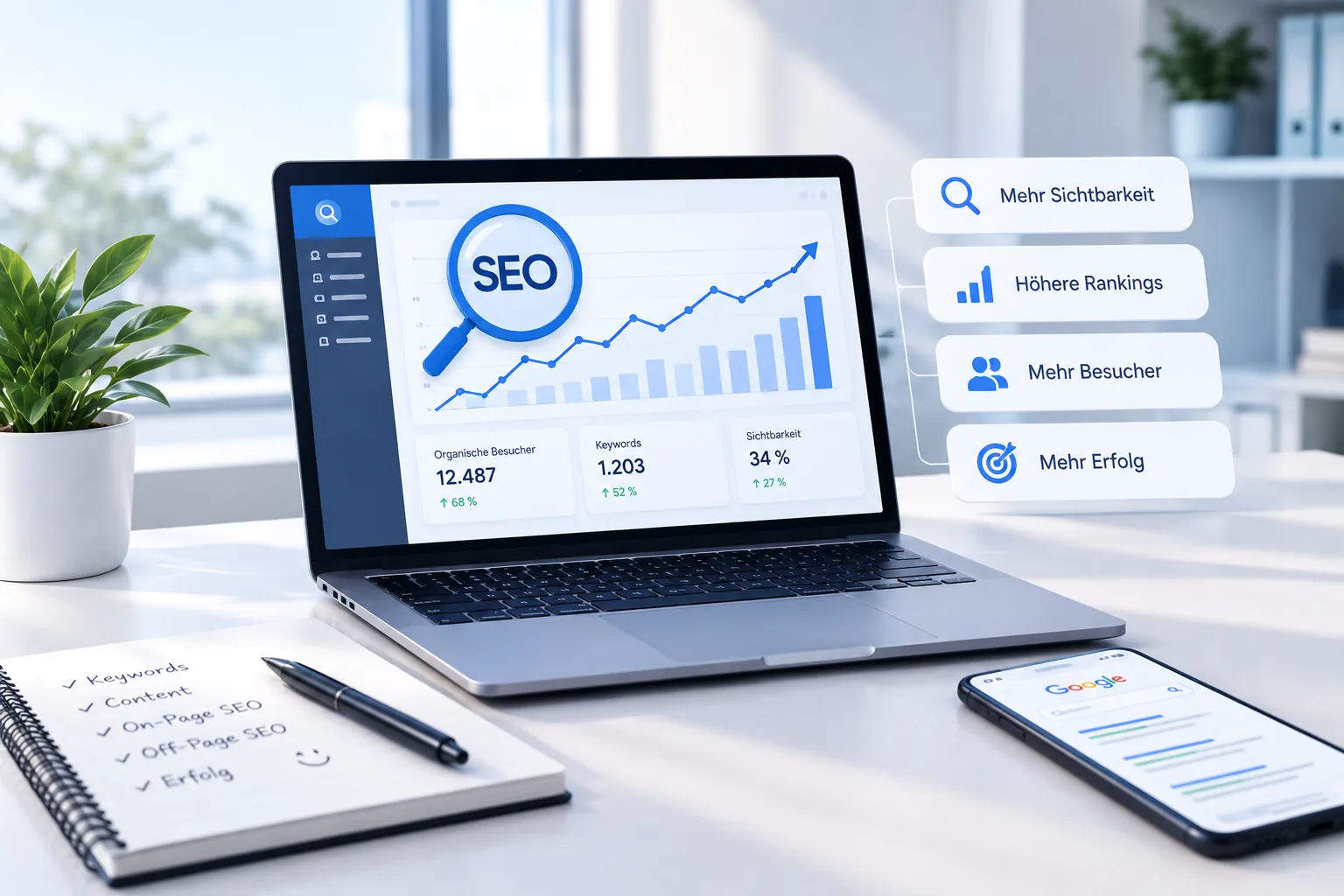 KI-generiertes Beispielbild: Laptop mit einem SEO-Dashboard mit steigenden Besucherzahlen, daneben Hinweise auf mehr Sichtbarkeit, höhere Rankings, mehr Besucher und mehr Erfolg sowie ein Smartphone mit Google-Suchergebnissen.