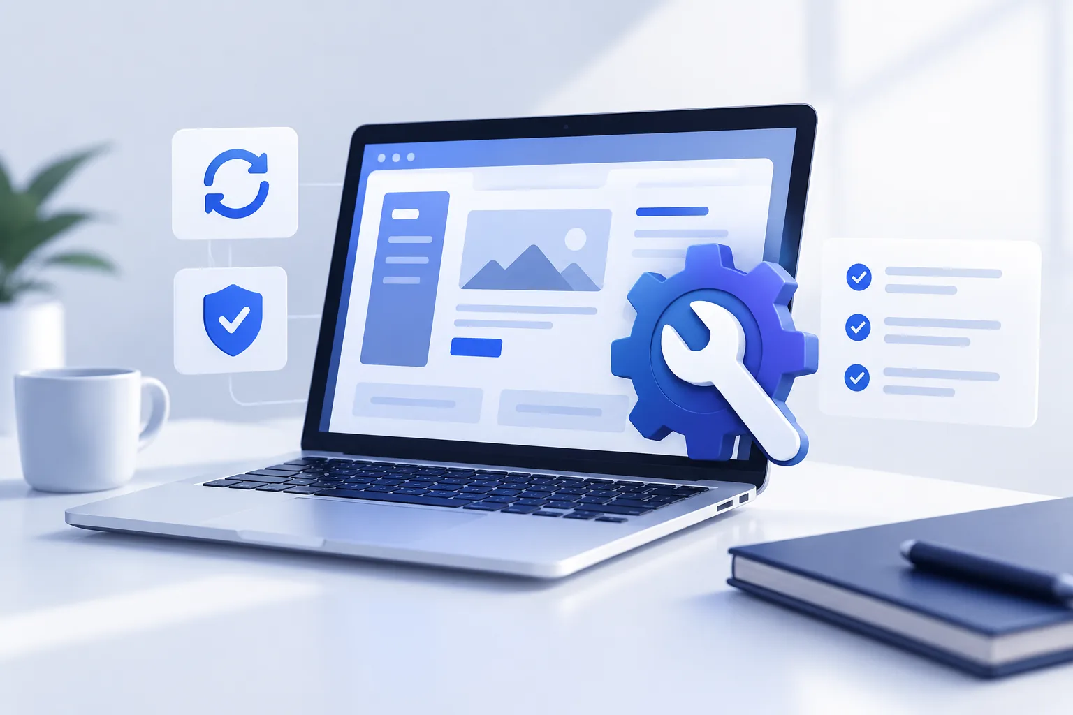 KI-generiertes Beispielbild: Laptop mit einer Website, davor ein Zahnrad mit Schraubenschlüssel, daneben Symbole für Updates und Sicherheit sowie eine abgehakte Checkliste.